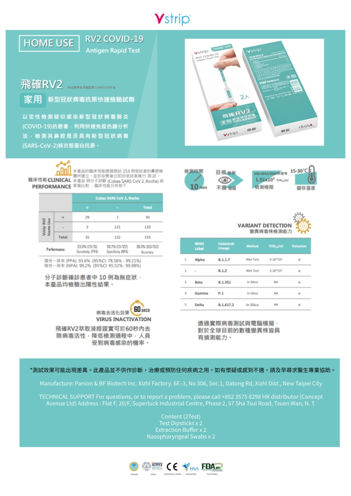 飛確RV2 家用新型冠狀病毒抗原快速檢驗試劑 (兩件裝)