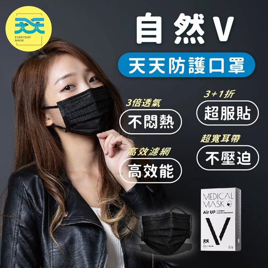 【天天平面醫用口罩】自然V 隕石黑 (適合較小臉型) 每盒20入