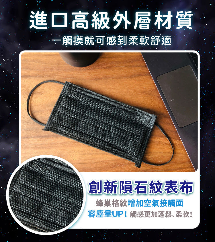 【天天成人平面醫用口罩】隕石黑色 每盒30入