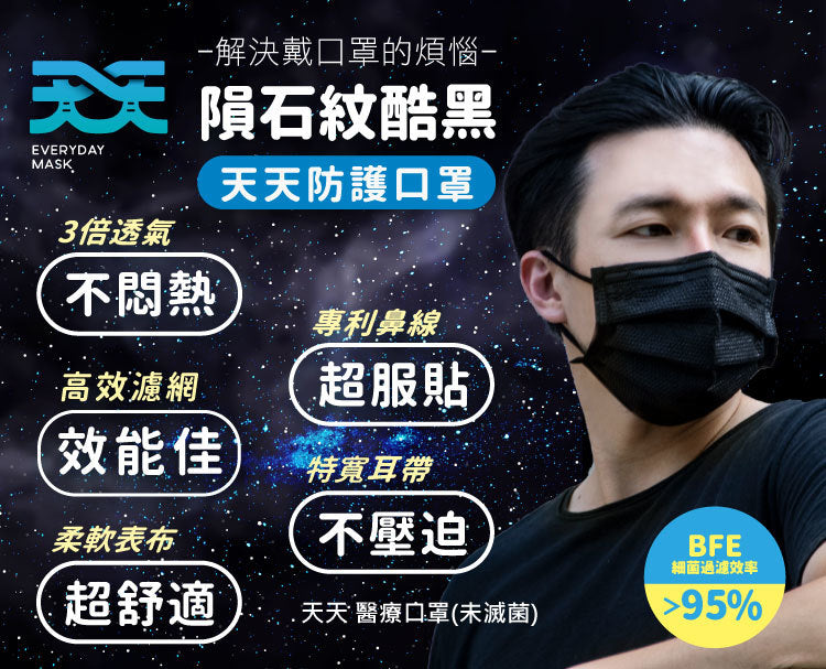 【天天成人平面醫用口罩】隕石黑色 每盒30入