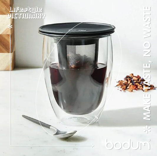 TEA FOR ONE - Glass, double wall, 0.35 l, 12 oz and tea strainer (Black)