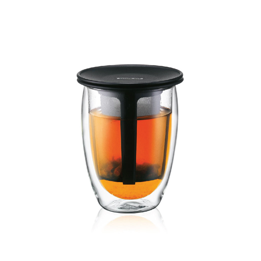 TEA FOR ONE - Glass, double wall, 0.35 l, 12 oz and tea strainer (Black)