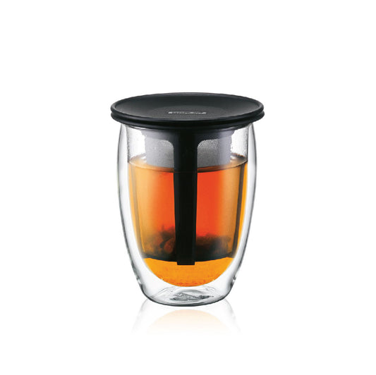 TEA FOR ONE - Glass, double wall, 0.35 l, 12 oz and tea strainer (Black)